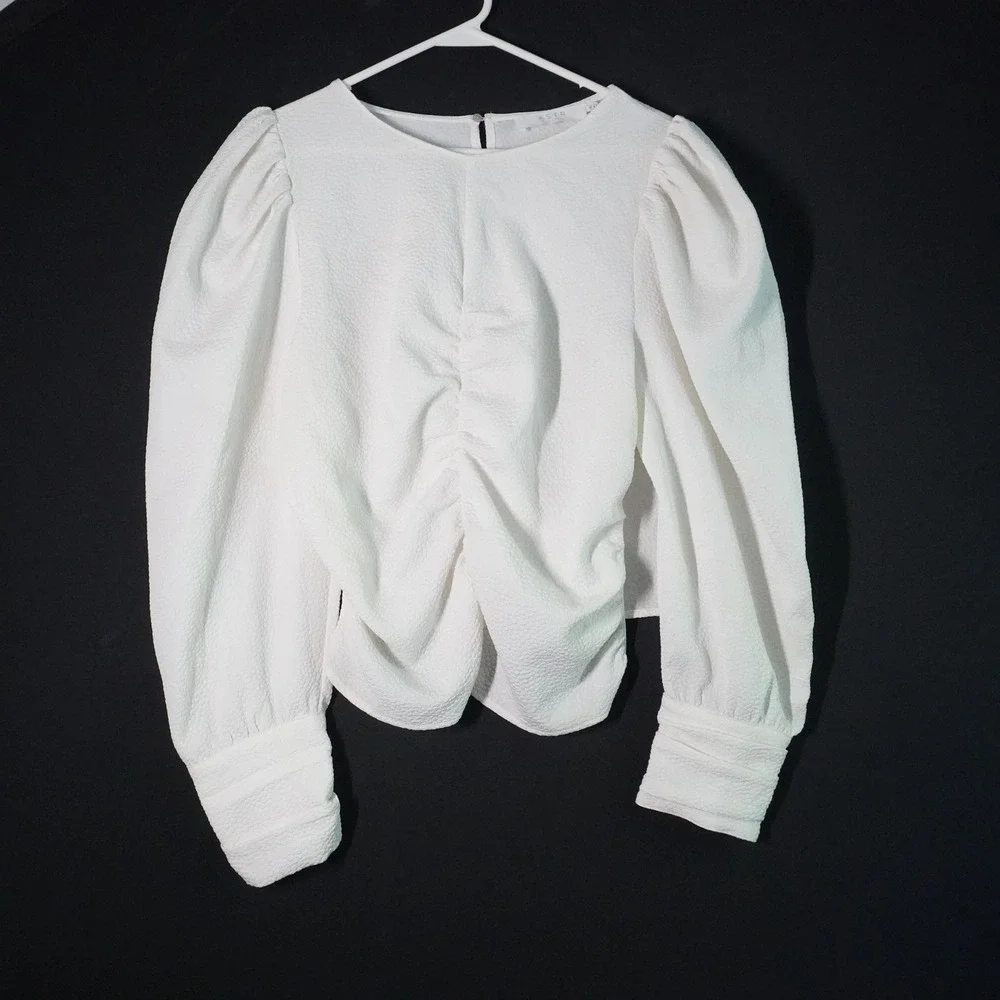 ASTR The Label‎ Ruched Blouse Puff Long Sleeve Textured White Top XL